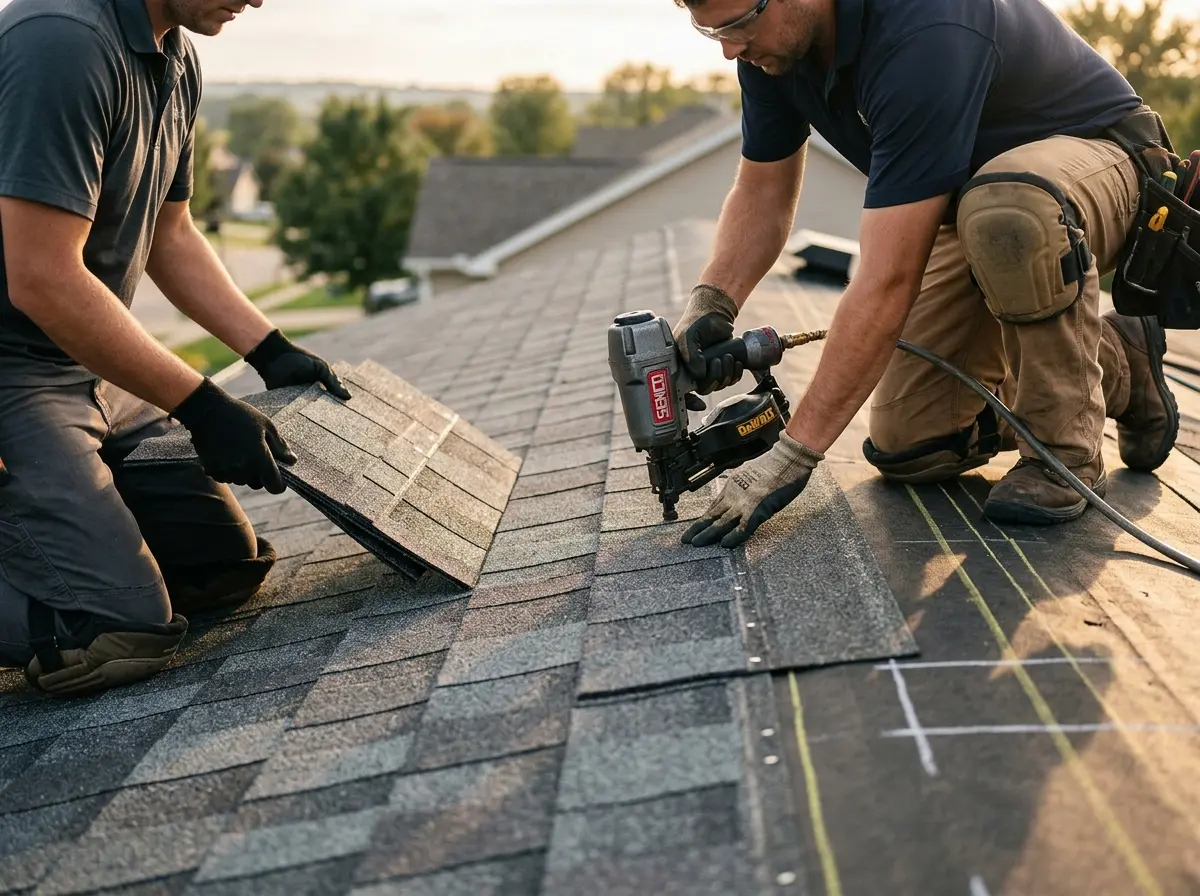 Professional roofer working on a residential roof in Iowa Park